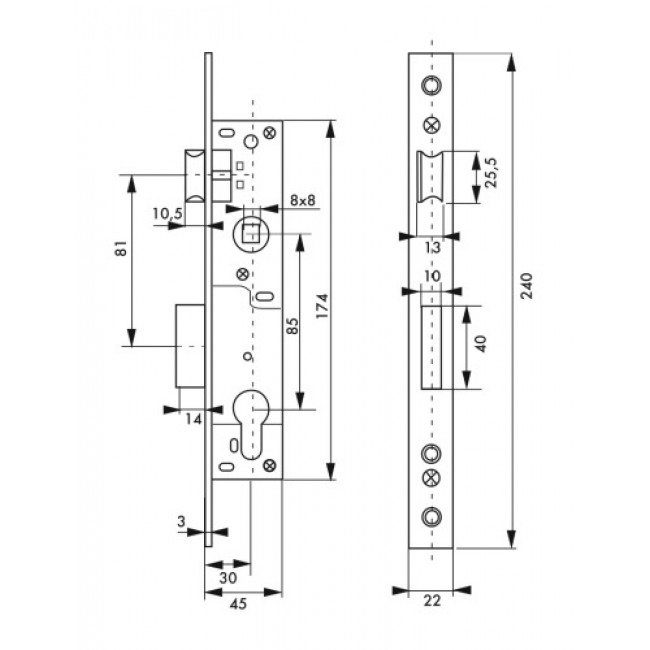 Schéma - Serrure à larder - pêne dormant et demi-tour - axe 30 mm - EA 85 - Bricozor.jpg FTH THIRARD