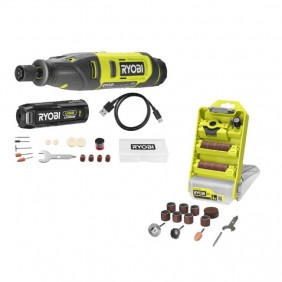 Pack mini-outil RRT4-120GA15 + coffret 37 accessoires RAR800K-37 + batterie 4V 2,0Ah + 15 accessoires RYOBI
