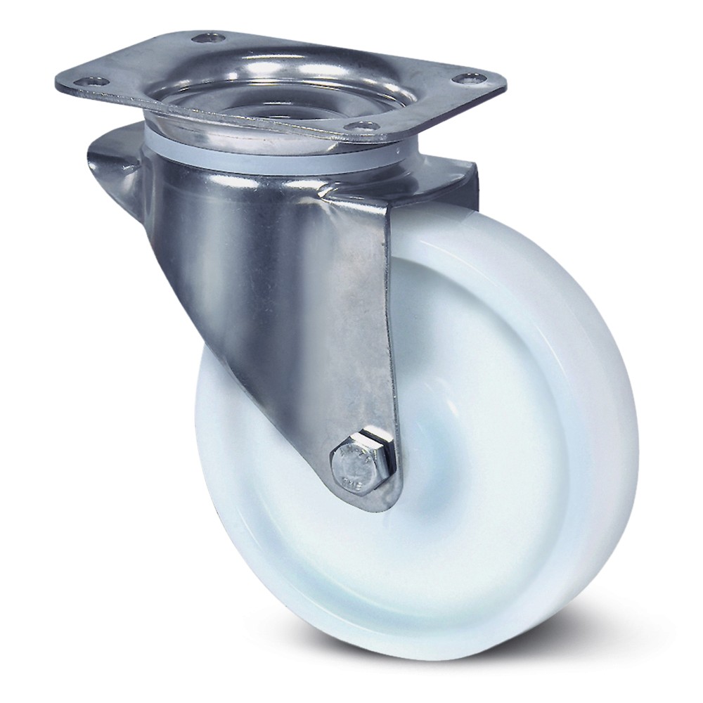 Roulette à oeil INOX pivotante à frein diamètre 100 mm roue polyamide blanc 150 Kg 