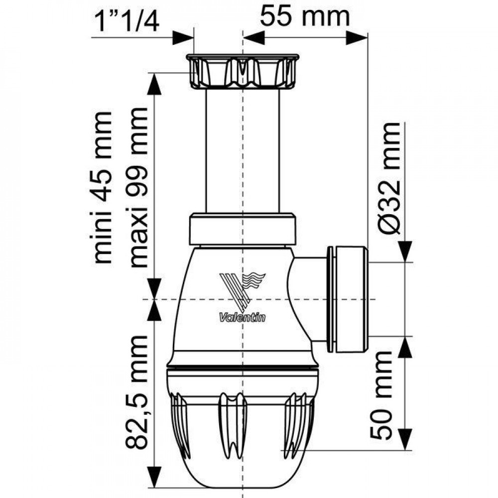 Siphon bi-matière - joint intégré lavabo, réglable 45.99 mm