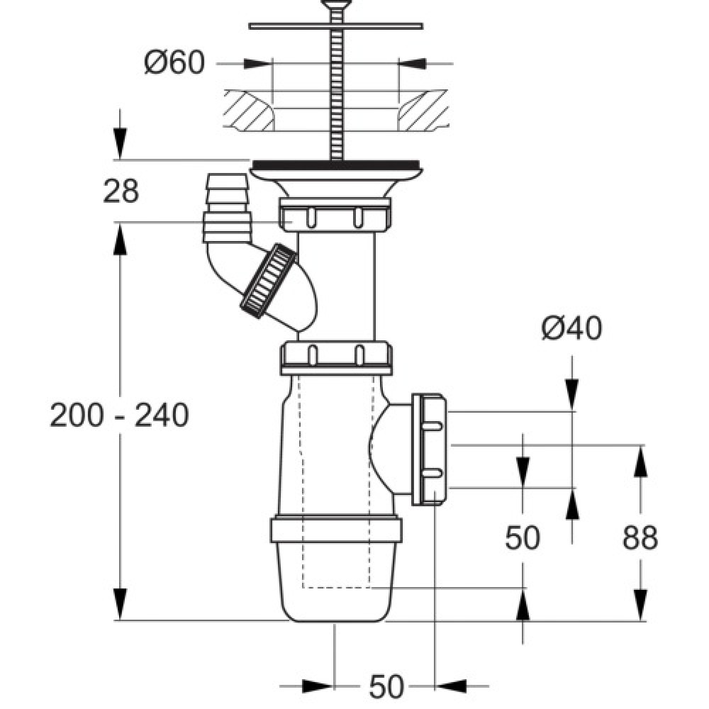 Bonde et siphon vertical pour lavabo, D. 65 mm