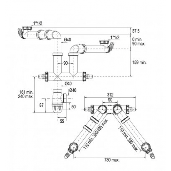 Vidage universel pour évier 2 bacs - Connectic VALENTIN
