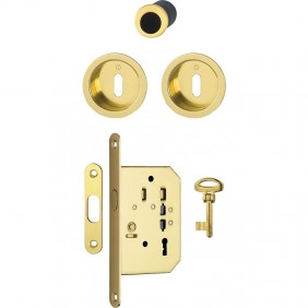 Serrure porte coulissante intérieur 4920 laiton poli - clé L - rosaces rondes HOPPE