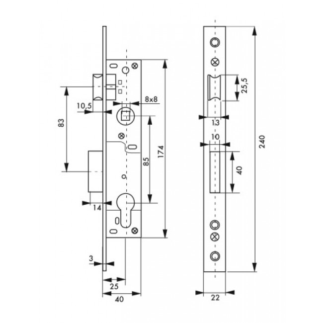 Schéma - Serrure à larder - pêne dormant et demi-tour - axe 25 mm - EA 85 - Bricozor.jpg FTH THIRARD