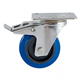 Roulette pivotante à frein sur platine - bandage caoutchouc bleu AVL