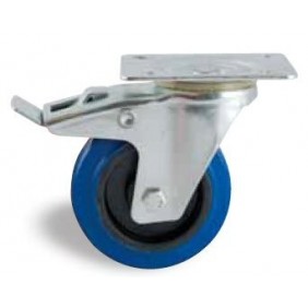 Roulette pivotante à frein sur platine - bandage caoutchouc bleu AVL