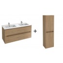 Meuble salle de bain 120 cm 2 tiroirs avec double vasque + Meuble colonne 140x40 cm 2 portes - Chêne Colorado - Ola Up JACOB DELAFON