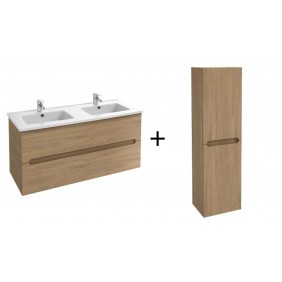 Meuble salle de bain 120 cm 2 tiroirs avec double vasque + Meuble colonne 140x40 cm 2 portes - Chêne Colorado - Ola Up JACOB DELAFON