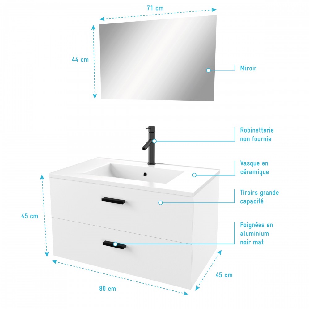 Ensemble Meuble Salle De Bain Blanc Brillant Avec Vasque Céramique 50cm Et Miroir LED - Chêne Lainé, Rangement