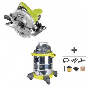 Pack scie circulaire filaire 1400W RCS1400-G + aspirateur eau et poussières 1250W RVC-1220I-G RYOBI