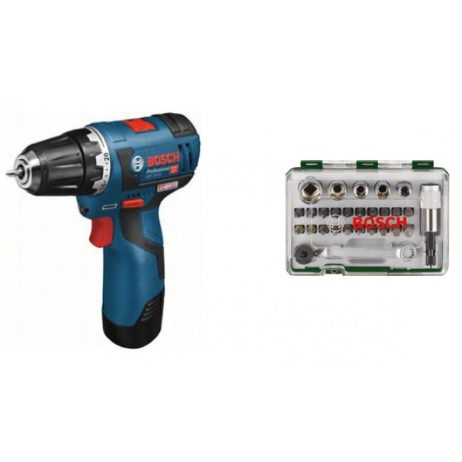 Perceuse sans fil GSR 12V-20 3Ah 06019D4005 + coffret embouts 27 pièces BOSCH