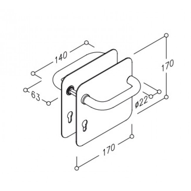 Schéma Poignées inox A2 sur plaques renforcées  - 170 x 170 mm - entraxe 70 mm NORMBAU
