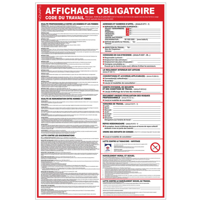Panneau d'affichage obligatoire Code du travail - 400x600mm NOVAP