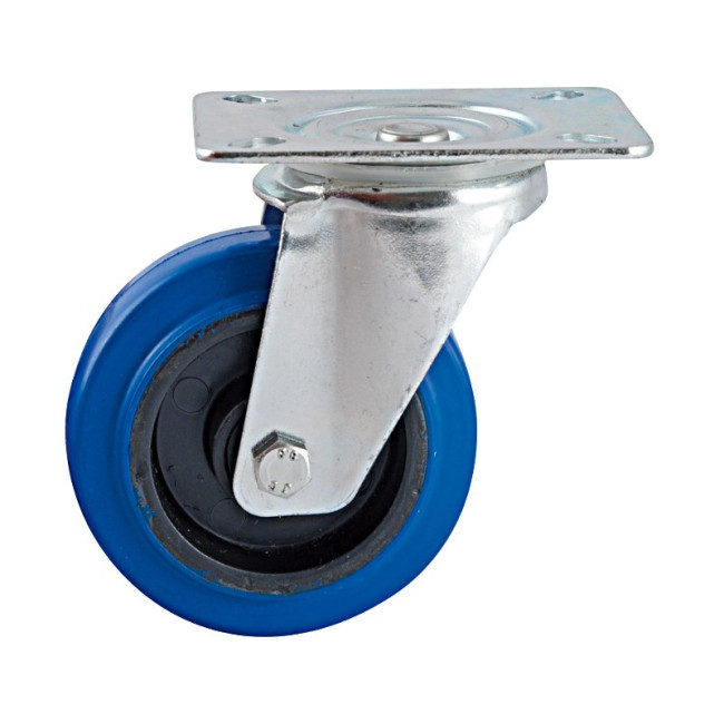 Roulette pivotante sur platine - bandage caoutchouc bleu AVL