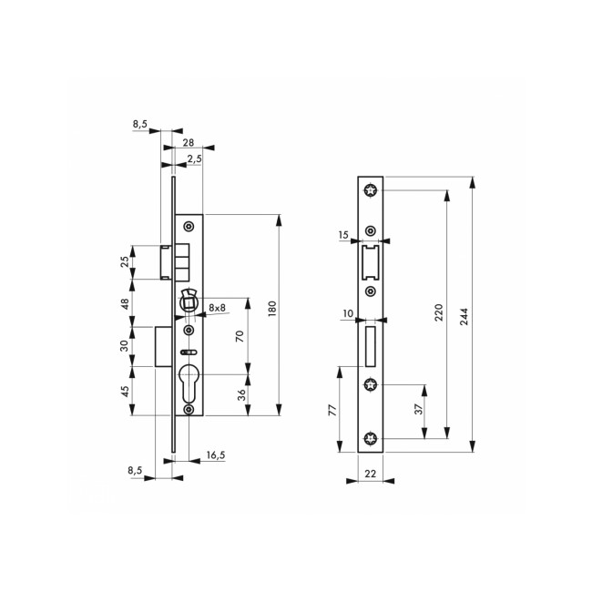 Schéma - Serrure à larder - pêne dormant et demi-tour - axe 16,5 mm - EA 70 - Bricozor.jpeg FTH THIRARD