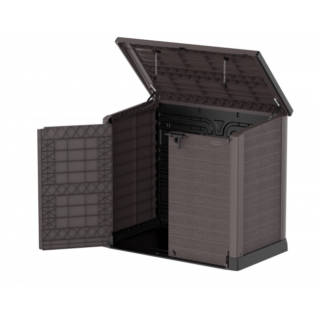 Garbage Box Shed Flat 1200L-Woodgrain - D Brown - Half Open.350.jpeg DURAMAX