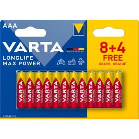 Piles alcaline Longlife MAX LR03 / AAA - 8 + 4 GRATUITES VARTA