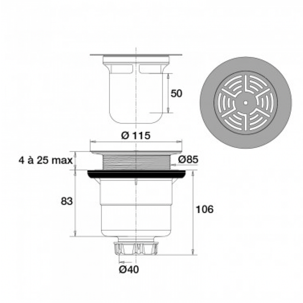Bonde de douche avec grille - horizontale de diamètre 60mm / verticale de  diamètre 90mm VALENTIN