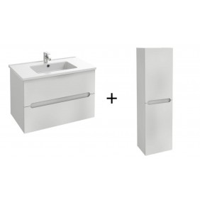 Meuble salle de bain 80 cm 2 tiroirs avec vasque + Meuble colonne 140x40 cm - 2 portes- blanc laqué - Ola Up JACOB DELAFON