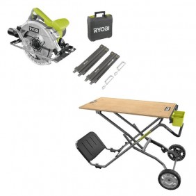 Pack scie circulaire 1600W avec rail de guidage RCS1600-KSR + établi 2 en 1 RWBSB-01 RYOBI