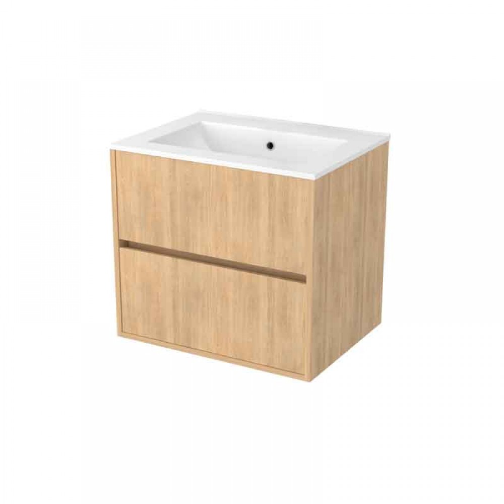 AURLANE Timber Set Mobile Bagno 60 Cm, 2 Cassetti A Chiusura Progressiva, Lavabo Nero E Specchio, Finitura Rovere Naturale