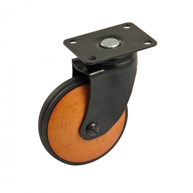 Roulette de meuble pivotante - chape acier noir - galet bois AVL