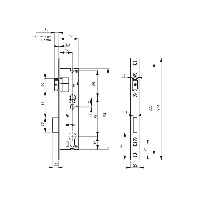 Schéma - Serrure à larder - pêne dormant et demi-tour - axe 37 mm - EA 92 - Bricozor.jpeg FTH THIRARD