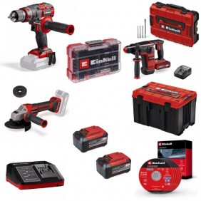 Pack 5 machines 18V + batteries + coffret de transport + coffret d'embouts + disques EINHELL