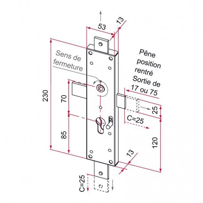 Schéma - Serrure de volet - 3 points - pênes droits - zingué - droit - CE - Bricozor.jpg TIRARD