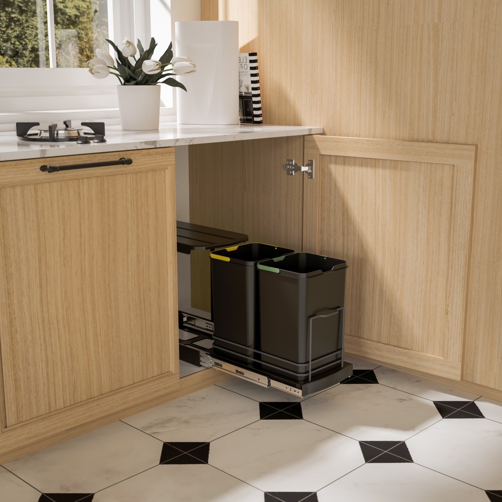 Poubelle Double Colormatic 60/90 L - Recyclage Cuisine Ou Tri Linge - Noir & Gris Sans Odeur