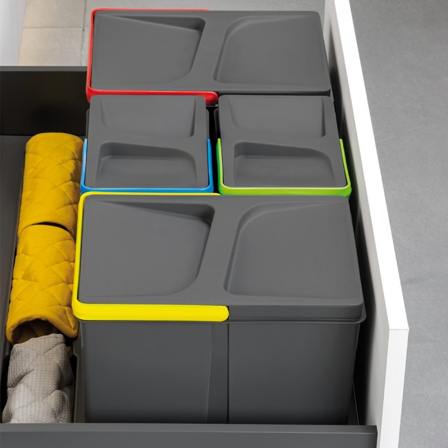 Poubelle De Tri Intérieur Polymax 40L Grise - 3 Compartiments (13L Chacun), Couvercles Colorés, Design Compact !