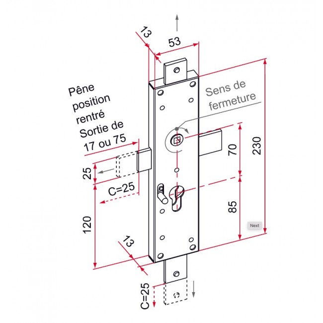 Schéma - serrure de volet - 3 points - pênes droits - zingué - gauche - CE - Bricozor.jpg TIRARD