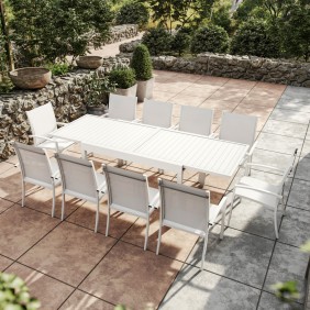 Table de jardin ANDRA - extensible 135 à 270cm + 10 fauteuils blanc Avril Paris