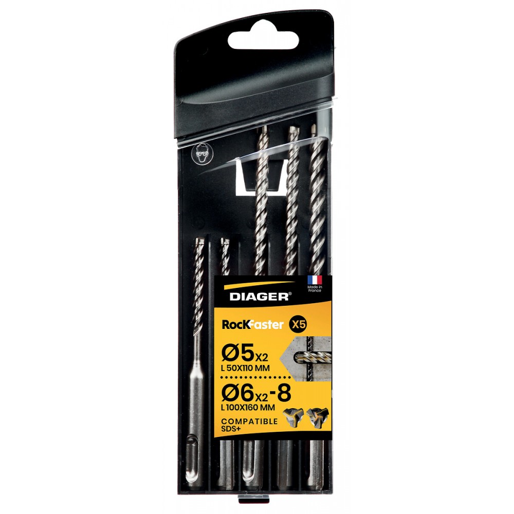 Coffret de 5 forets béton Rockfaster SDS+ type 118D DIAGER | Bricozor