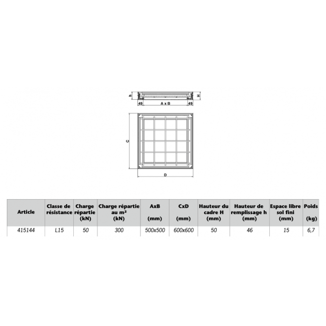 Tampon de visite à carreler Uniface - largeur de passage 500x500 mm ACO
